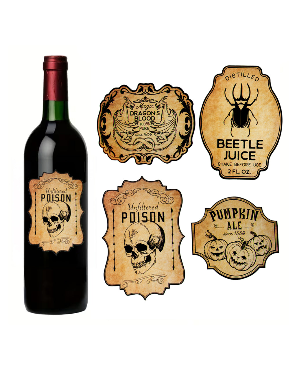 12 Vintage Halloween Flaschenetiketten