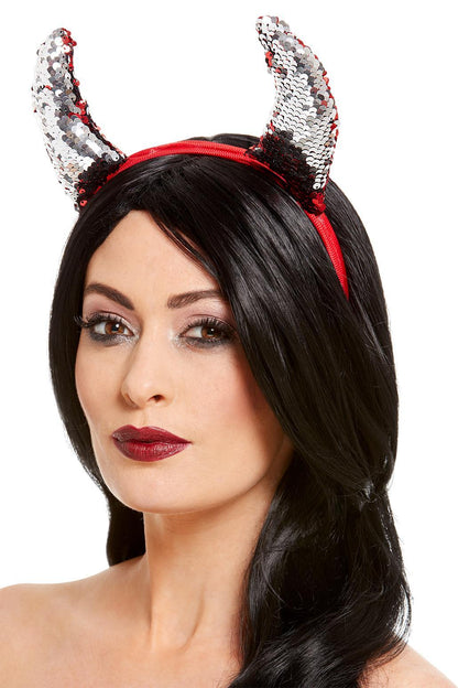 Teufelchen Hörner mit Wende Pailletten Silber-Rot
