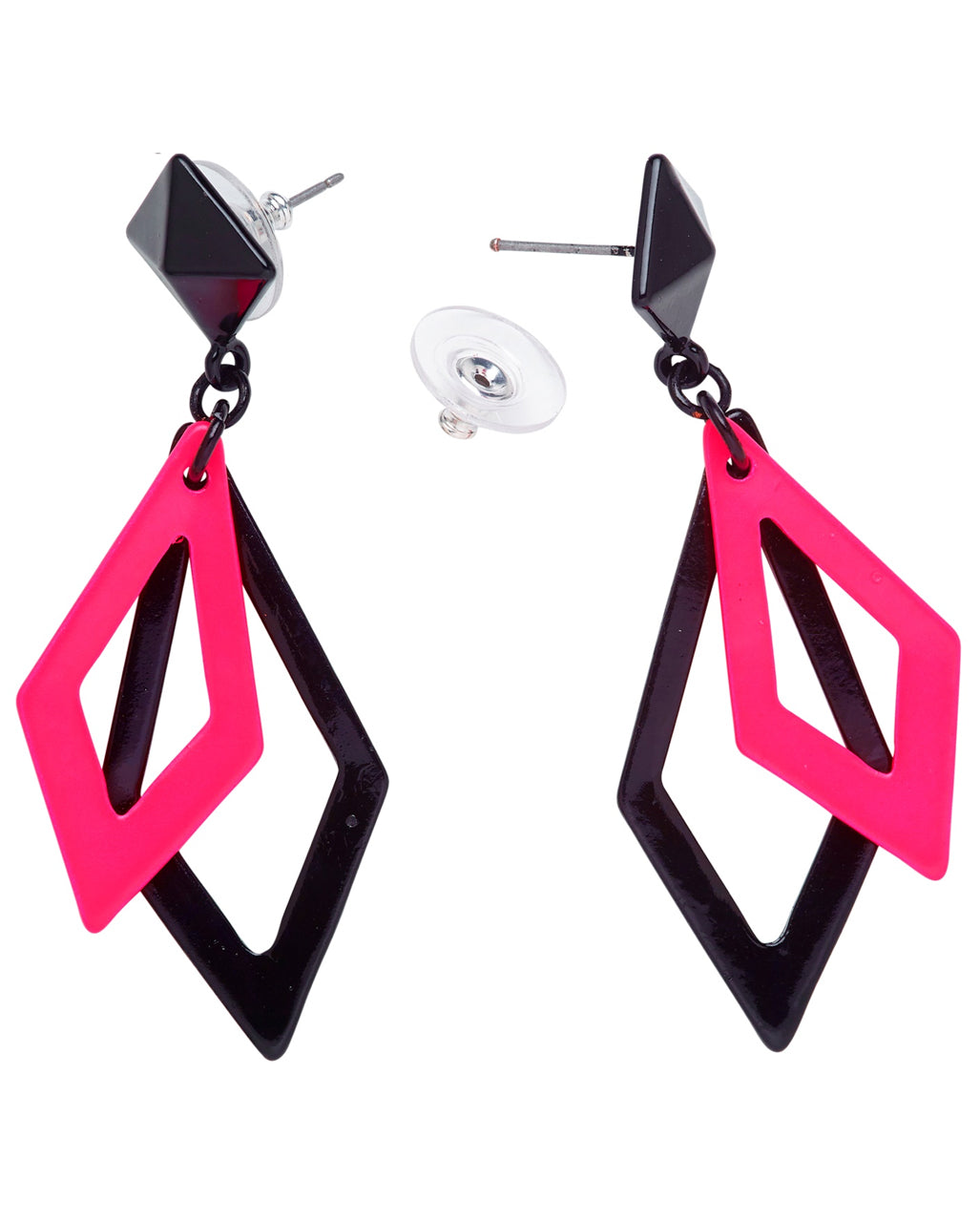 80's Rauten Ohrringe Schwarz-Neonpink