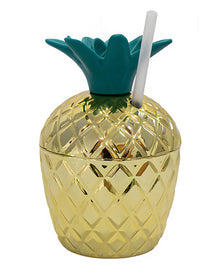 Ananas Partybecher mit Strohhalm Gold 250ml
