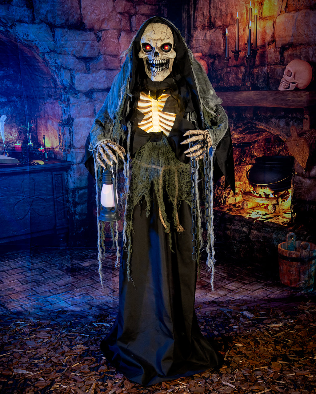 Animierter Medieval Reaper mit Laterne & Kette 170cm