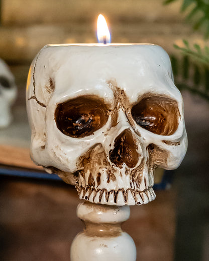 Antique White Skull Tealight Holder On Base 14.5cm