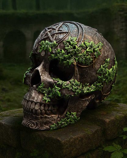 Antiker Pentagramm Totenkopf mit Efeu 19cm