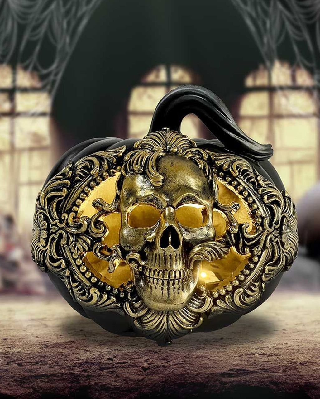 Schwarzer Barock Kürbis mit goldenem Totenkopf 20cm