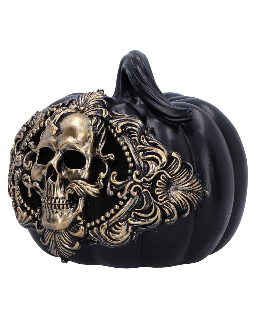 Schwarzer Barock Kürbis mit goldenem Totenkopf 20cm