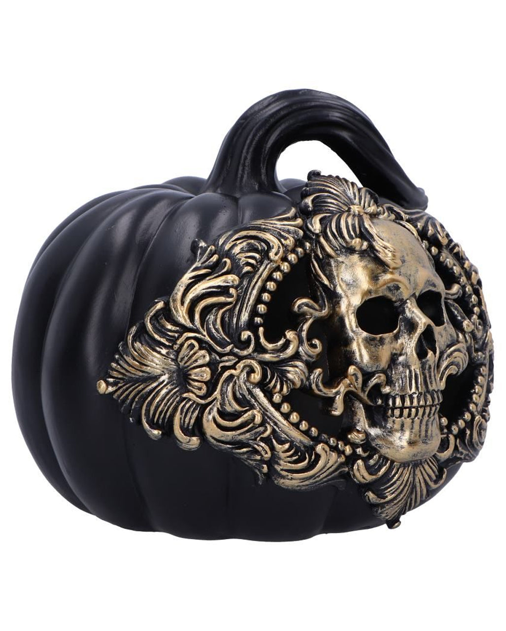 Schwarzer Barock Kürbis mit goldenem Totenkopf 20cm