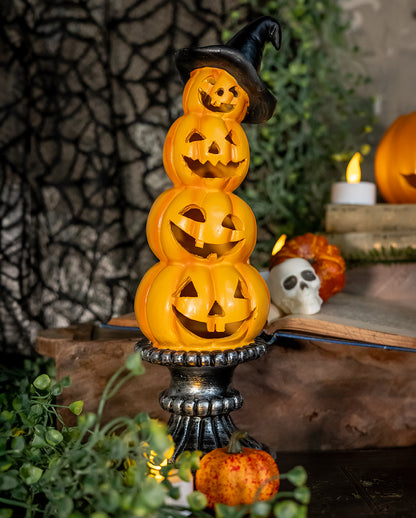 Illuminated Pumpkin Tower With Column & Witch's Hat 28.5cm