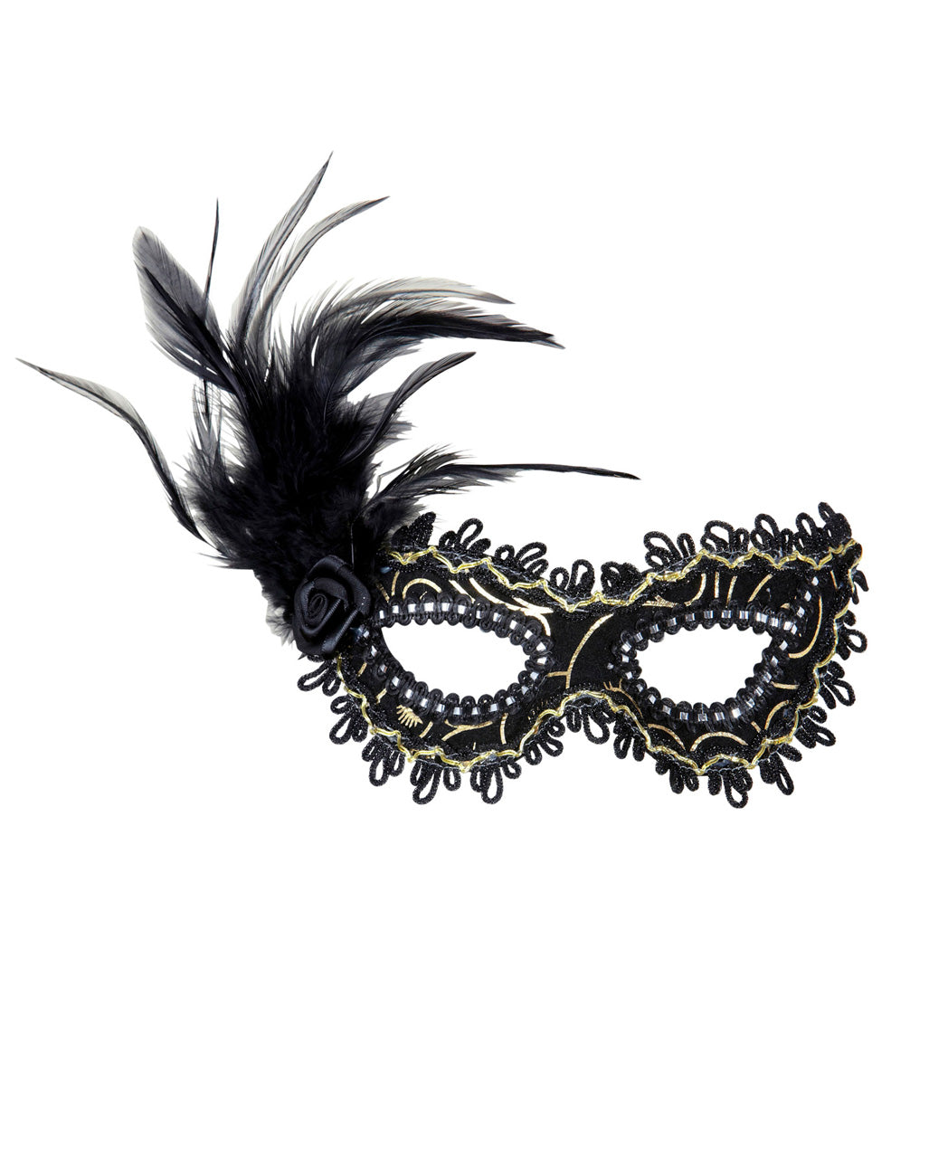 Black Mystic Eye Mask With Rose & Feathers