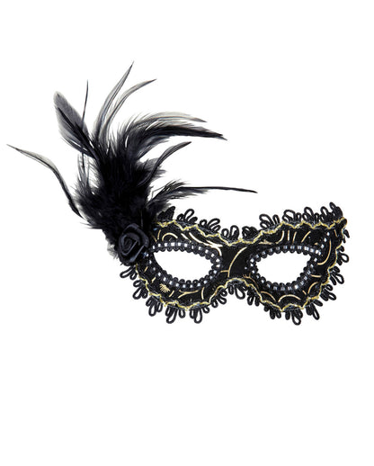 Black Mystic Eye Mask With Rose & Feathers