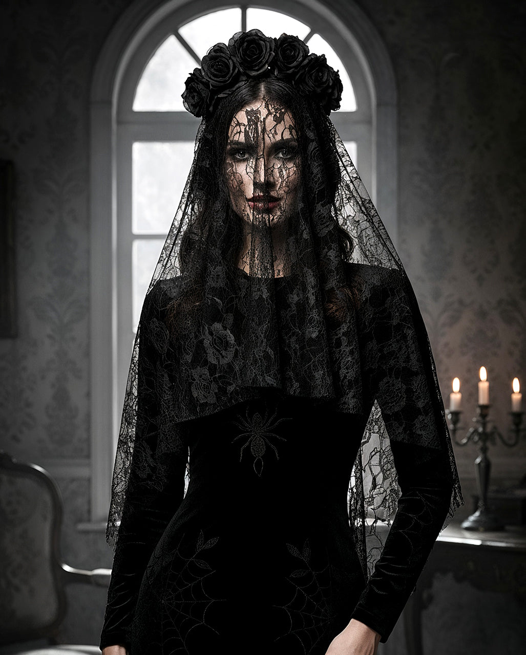 Black Widow Veil With Roses