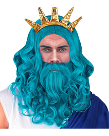 Blaue Poseidon Perücke mit Bart & Schnurrbart