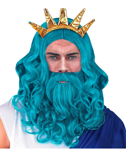 Blaue Poseidon Perücke mit Bart & Schnurrbart