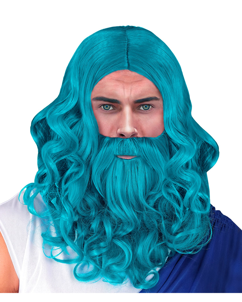 Blaue Poseidon Perücke mit Bart & Schnurrbart