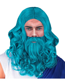Blaue Poseidon Perücke mit Bart & Schnurrbart