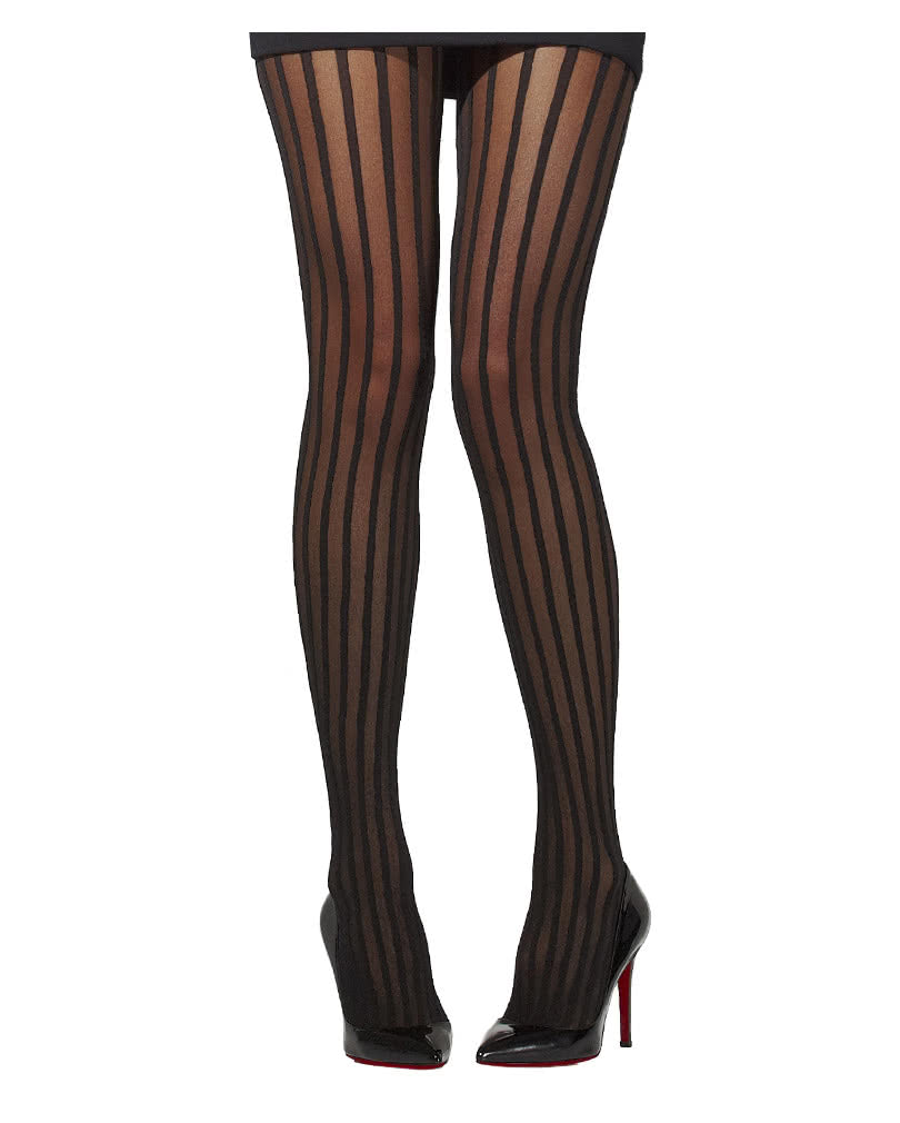 Schwarze Burlesque Nylon Strumpfhose mit Nadelstreifen