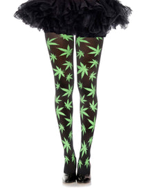 Schwarze Strumpfhose mit grünen Hanfblättern