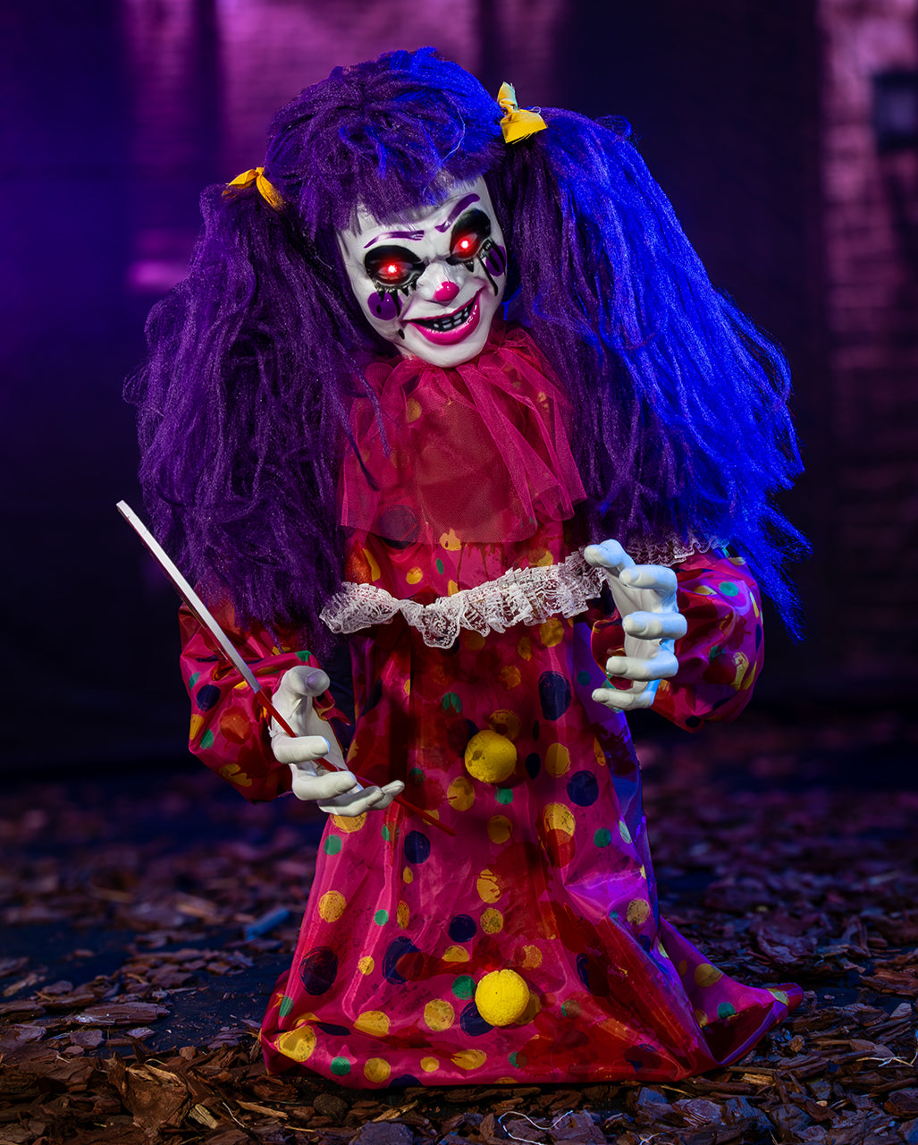 Crazy Horror Clown Girl mit Licht, Sound & Bewegung 80cm