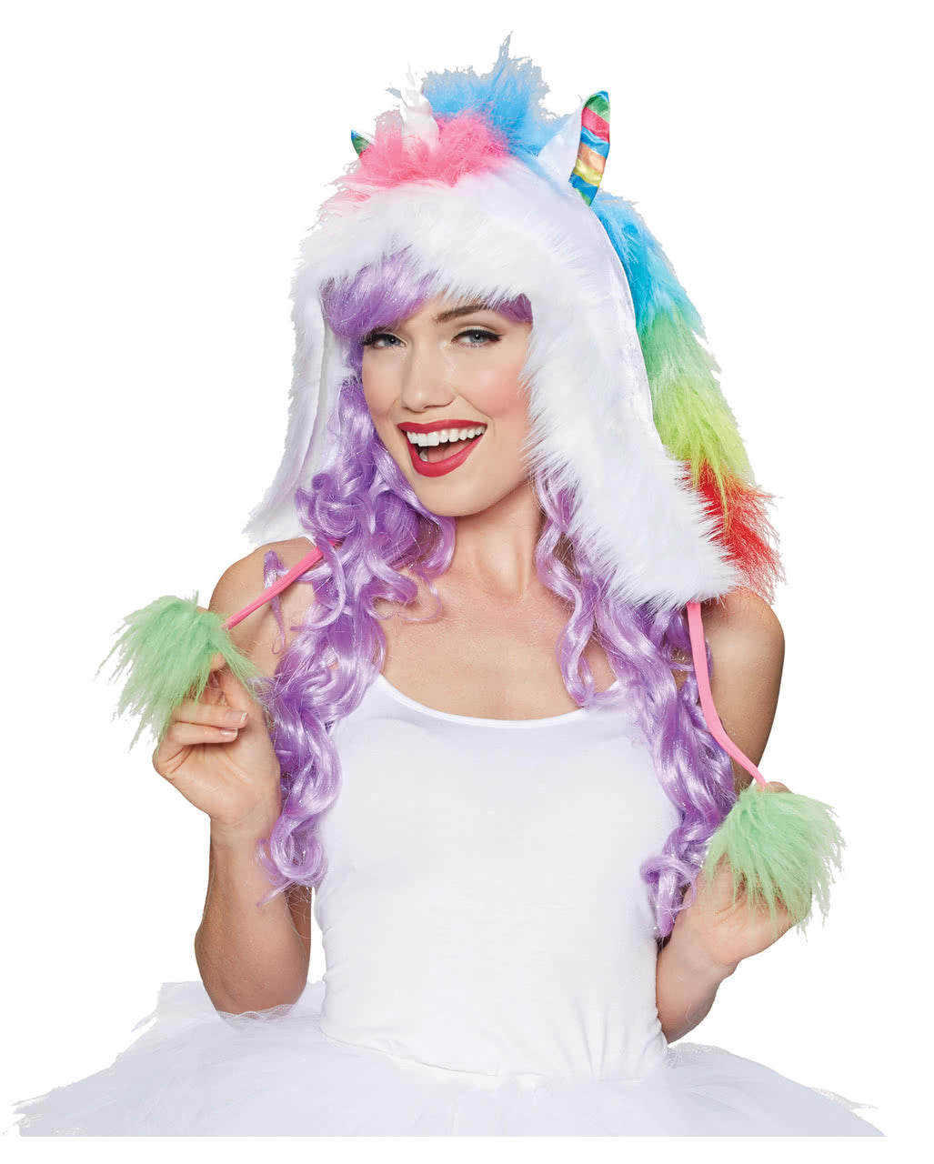 Regenbogen Einhorn Kapuze mit Pom Poms