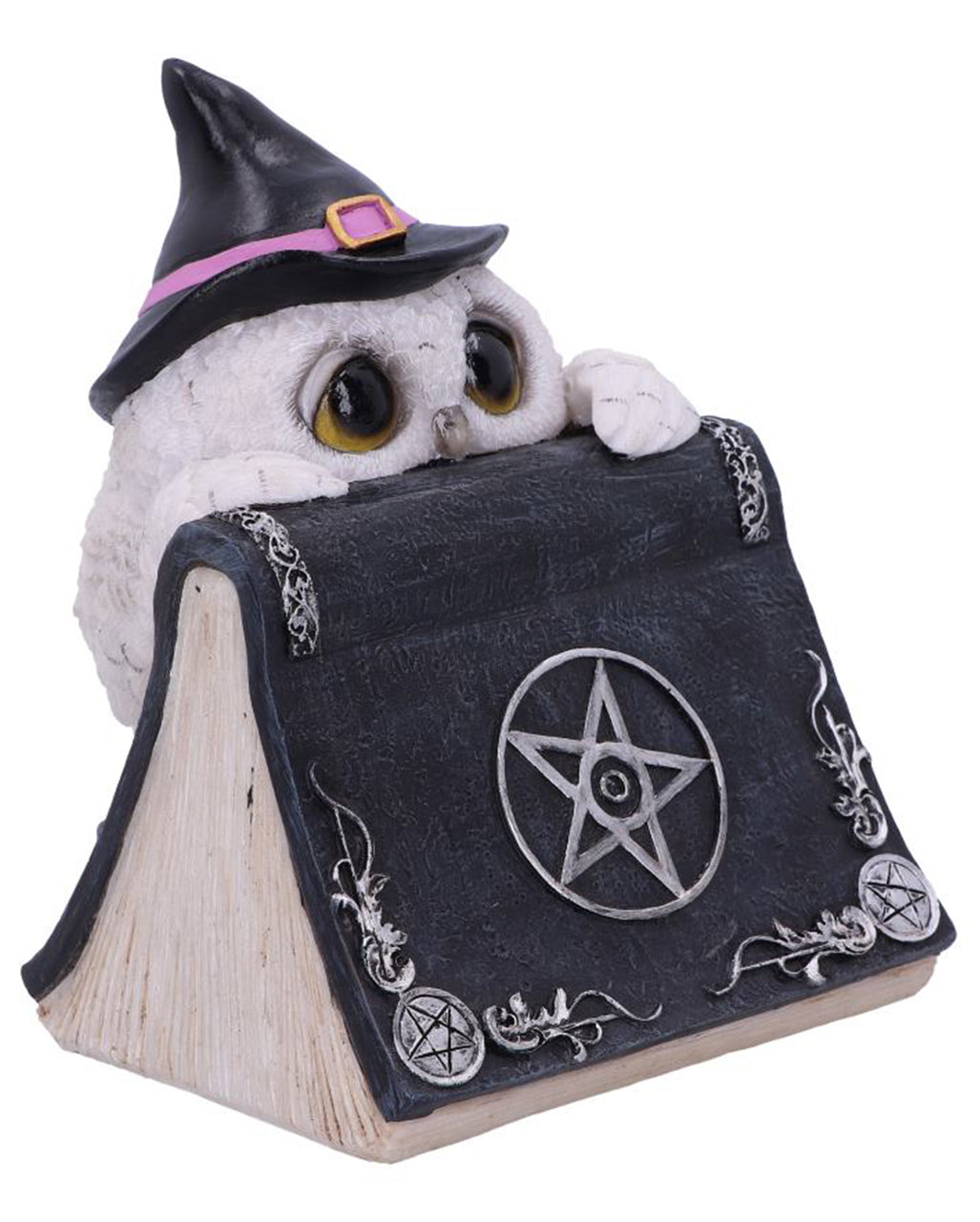 Weiße Eule mit Zauberbuch & Pentagramm 15cm