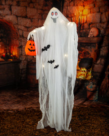 Halloween Gespenst Hängefigur mit LED & Kürbistasche 177cm