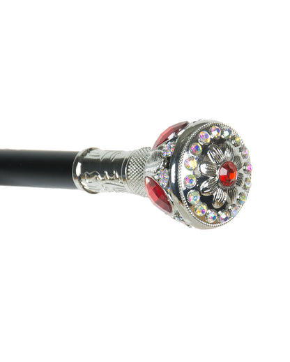 Walking Stick With Shiny Silver Knob & Red Stone 95cm