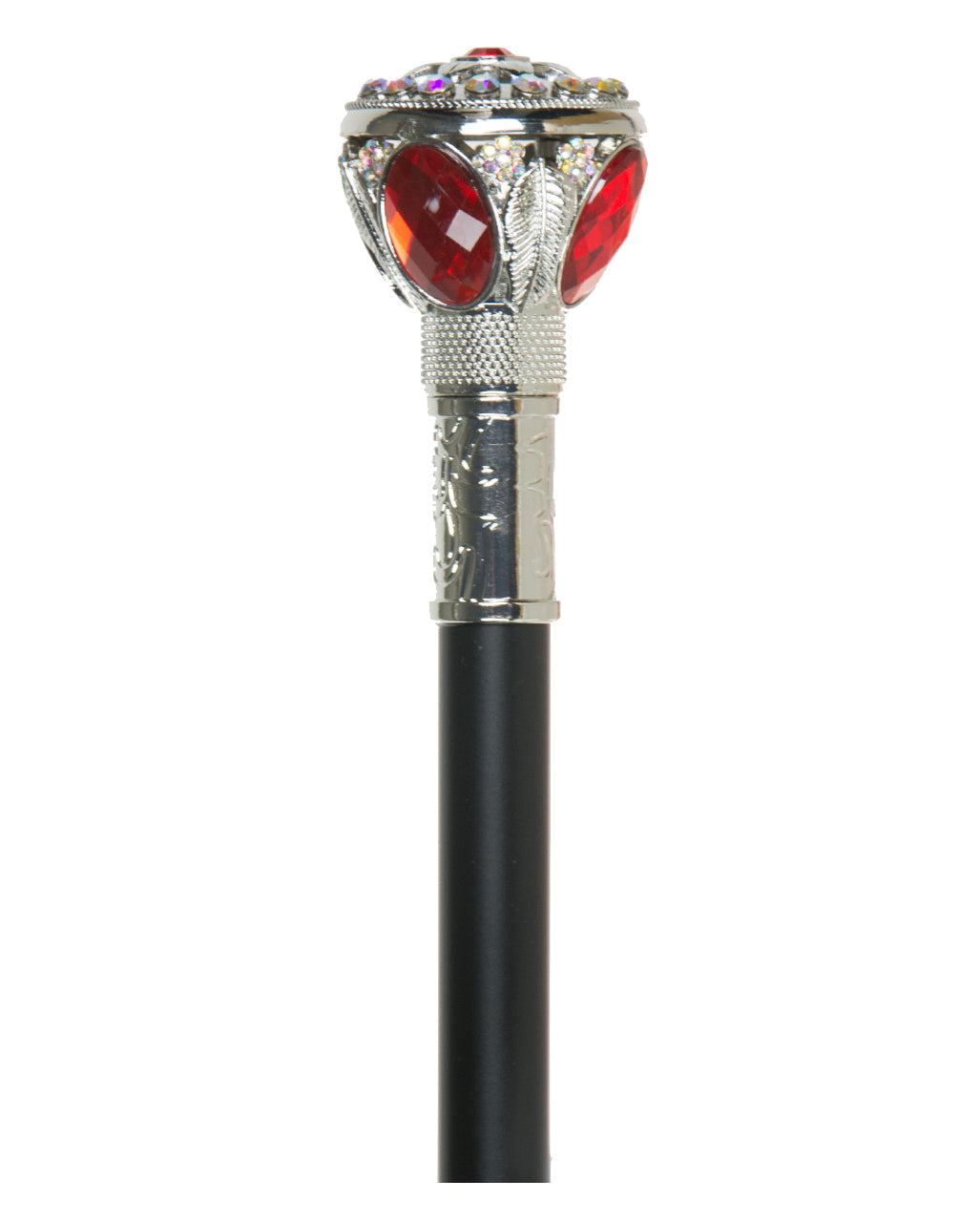 Walking Stick With Shiny Silver Knob & Red Stone 95cm