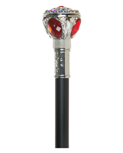 Walking Stick With Shiny Silver Knob & Red Stone 95cm