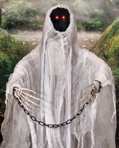 Gesichtsloser Kettengeist Animatronic auf Grabstein 130cm