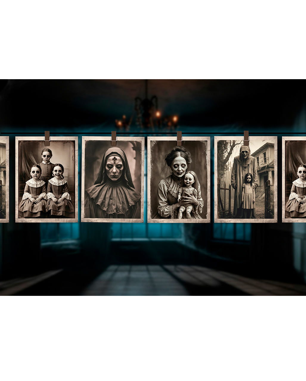Garland with Spooky Vintage Photos, 300 cm