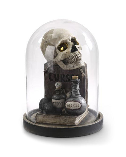 Halloween Glasglocke mit LED Totenkopf & Zauberbüchern 31cm