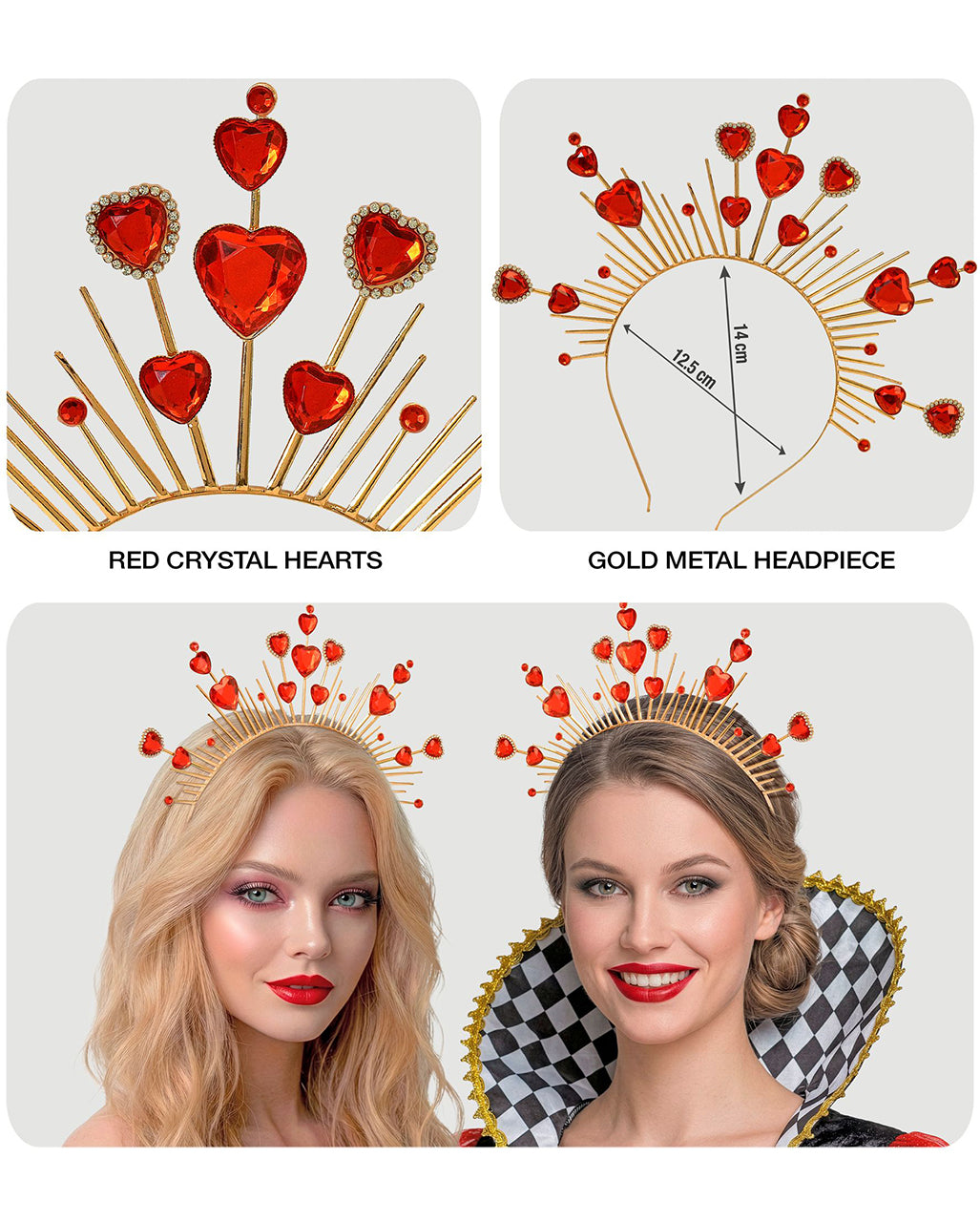 Diadem mit Herzen Gold-Rot