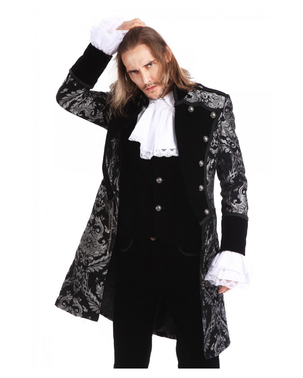 Gothic Aristokrat Herren Mantel Silber Brokat