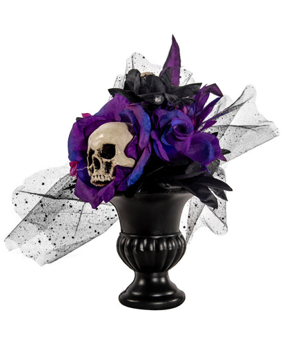 Gothic Blumenbouquet mit Violet-Schwarzen Rosen & Totenschädel 30cm