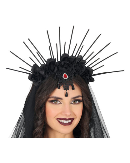 Gothic Haarreif mit schwarzen Blüten & Strahlen