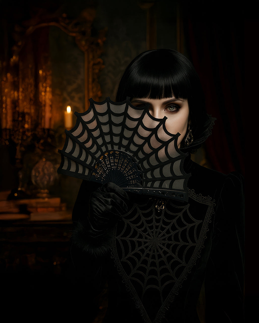 Gothic Handfächer - Spinnennetz Design