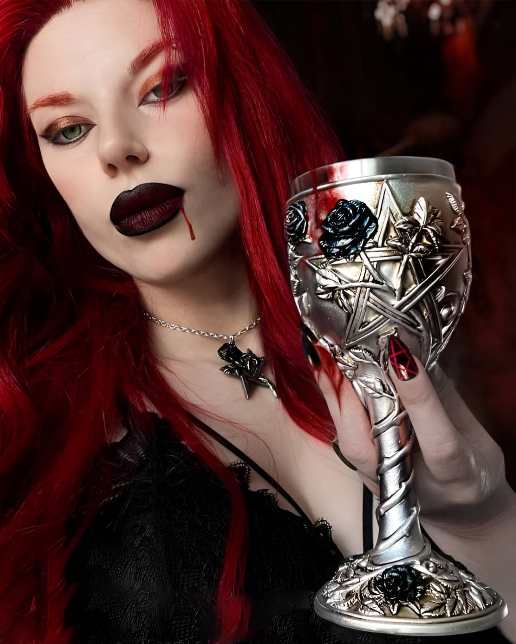 Gothic Kelch mit Schwarzer Rose & Pentagramm 19cm