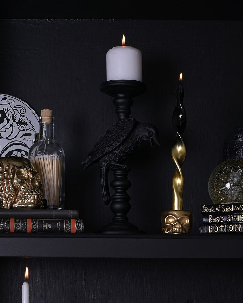 Gothic Kerzenständer mit schwarzer Krähe 29cm