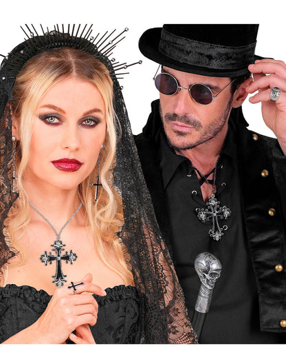 Gothic Kreuzkette mit Strass als Kostümaccessoire