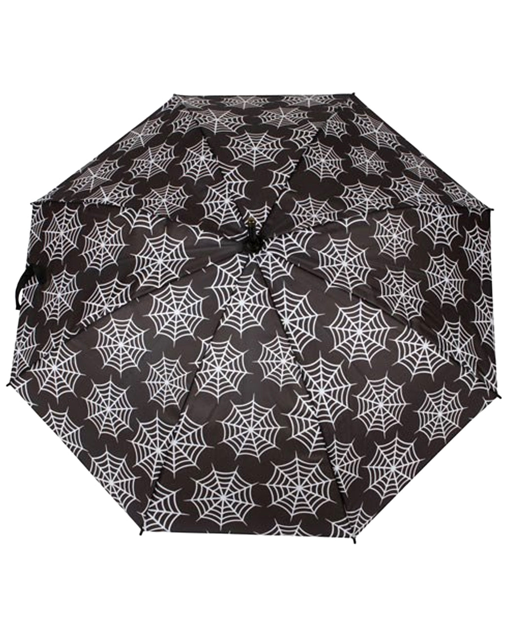 Schwarzer Regenschirm mit Spinnweben als Motiv