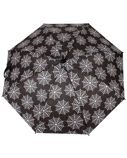Schwarzer Regenschirm mit Spinnweben als Motiv