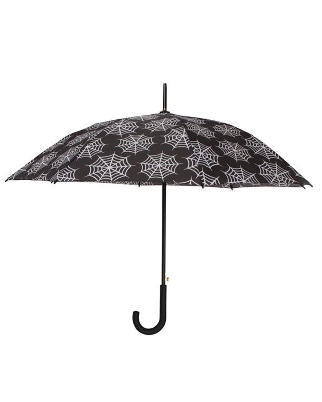 Schwarzer Regenschirm mit Spinnweben als Motiv