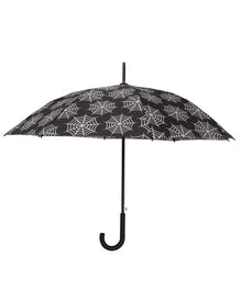 Schwarzer Regenschirm mit Spinnweben als Motiv