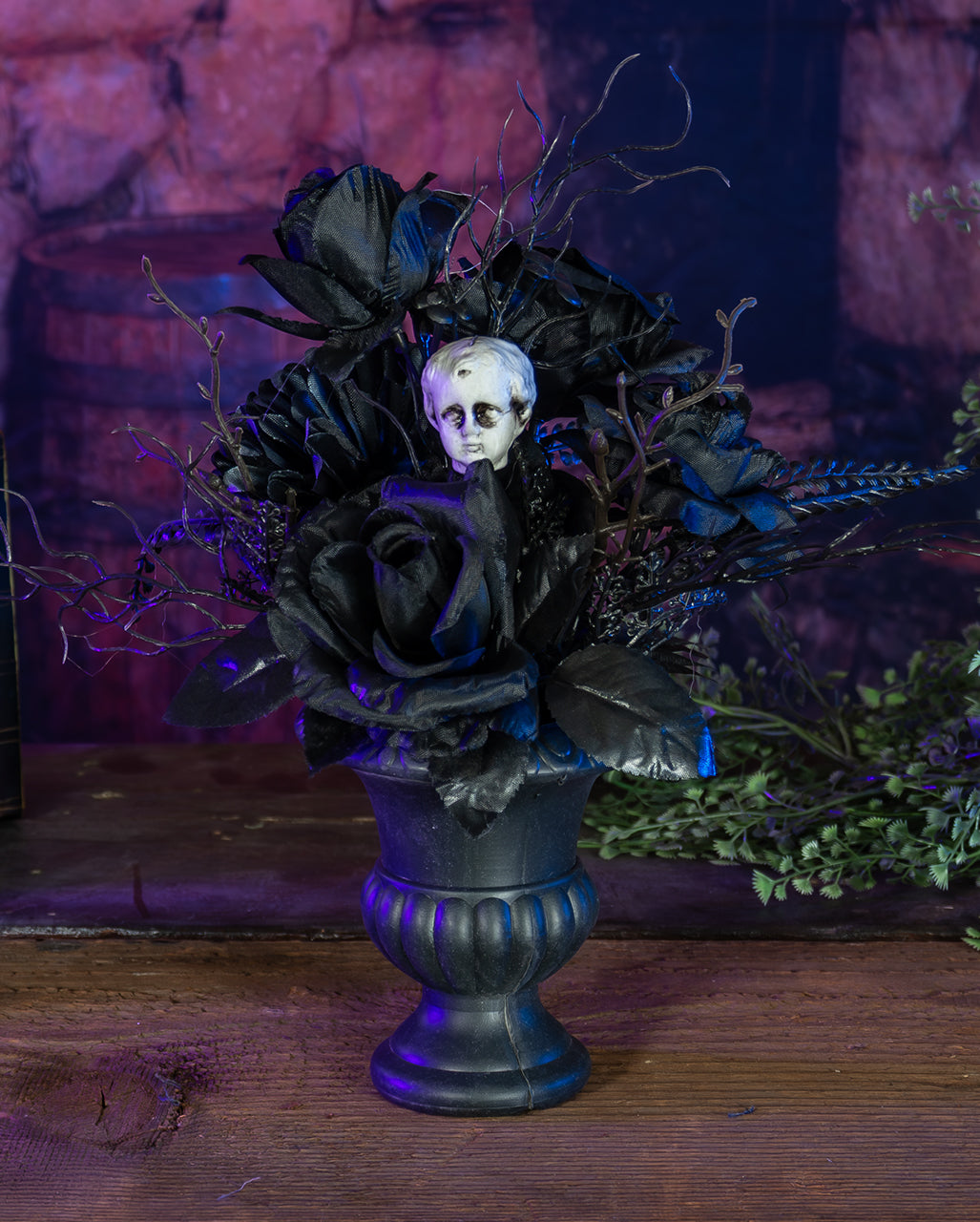 Gothic Vase With Black Roses & Antique Cherub Head 31cm
