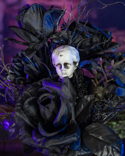 Gothic Vase With Black Roses & Antique Cherub Head 31cm