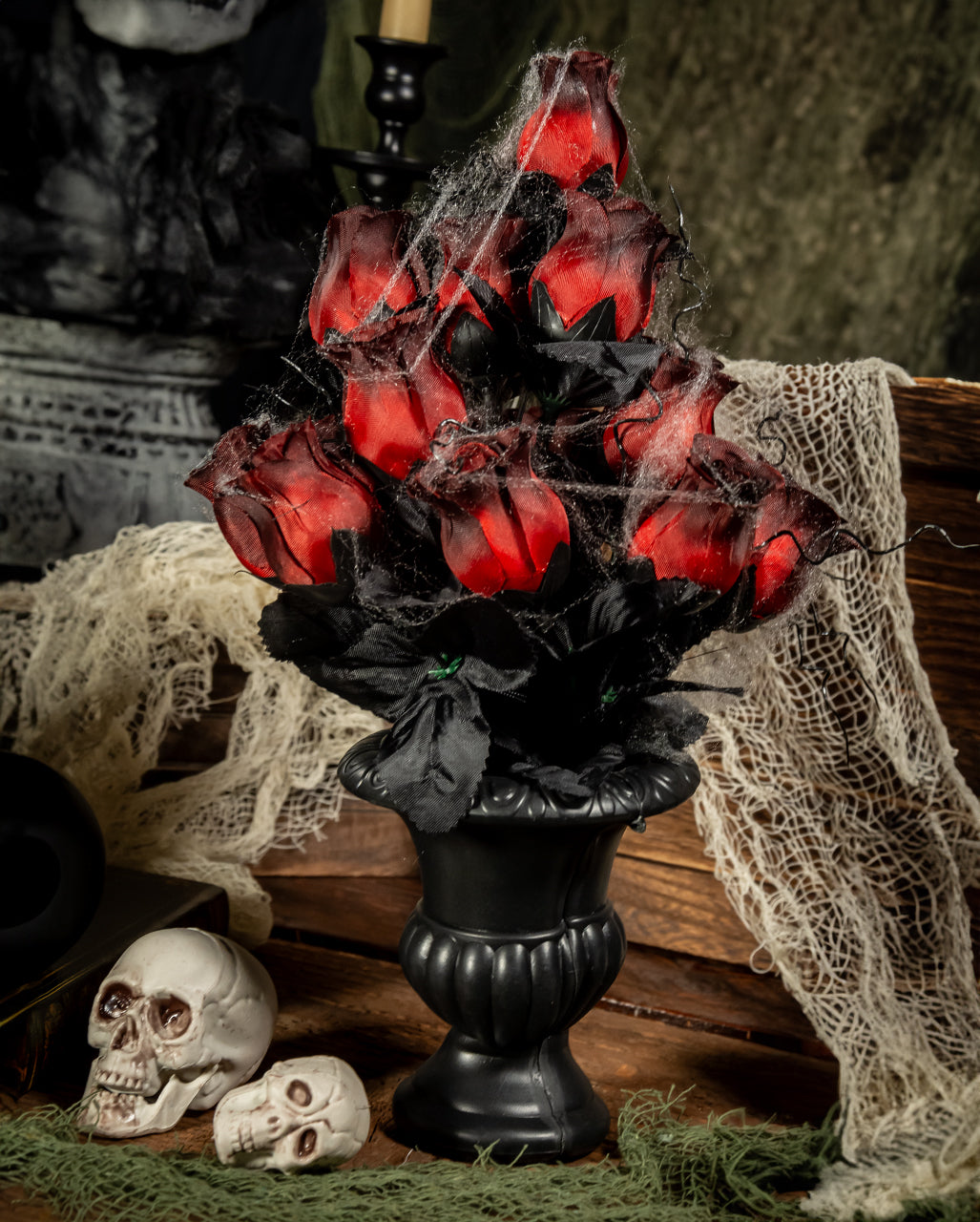 Gothic Vase With Red Faded Roses & Cobwebs