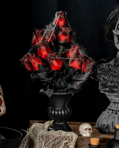 Gothic Vase With Red Faded Roses & Cobwebs