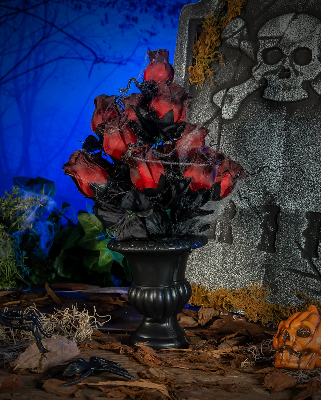 Gothic Vase With Red Faded Roses & Cobwebs