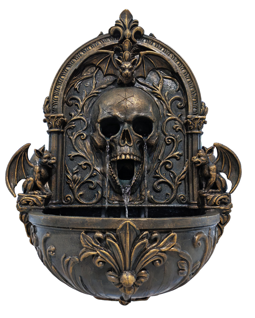 Noctis Manor Gothic Wandbrunnen mit Totenschädel, Fledermaus & Gargoyles 75cm