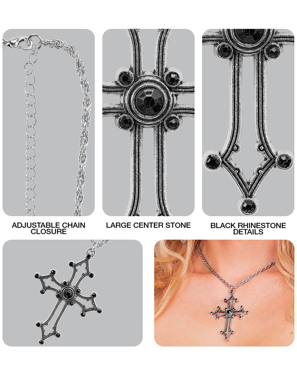 Gothic Kreuz Kette mit schwarzen Edelsteinen
