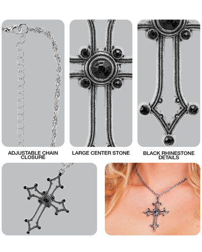 Gothic Kreuz Kette mit schwarzen Edelsteinen